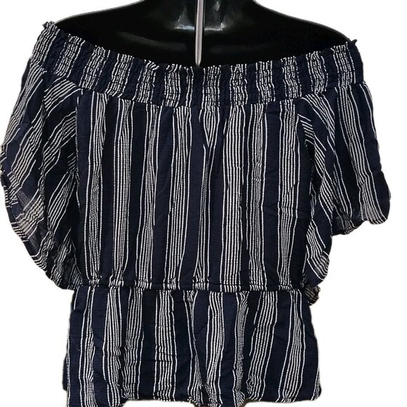 Abercrombie And Fitch Navy Striped Peplum Off Shoulder Blouse XS Coastal Boho - Picture 5 of 5